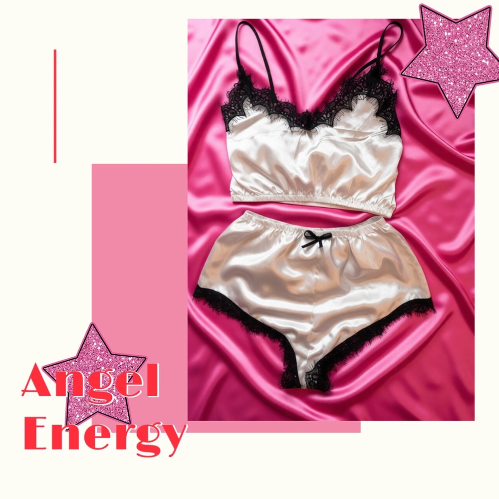 Satin Lace Cami & Short Set - White with Black Trim